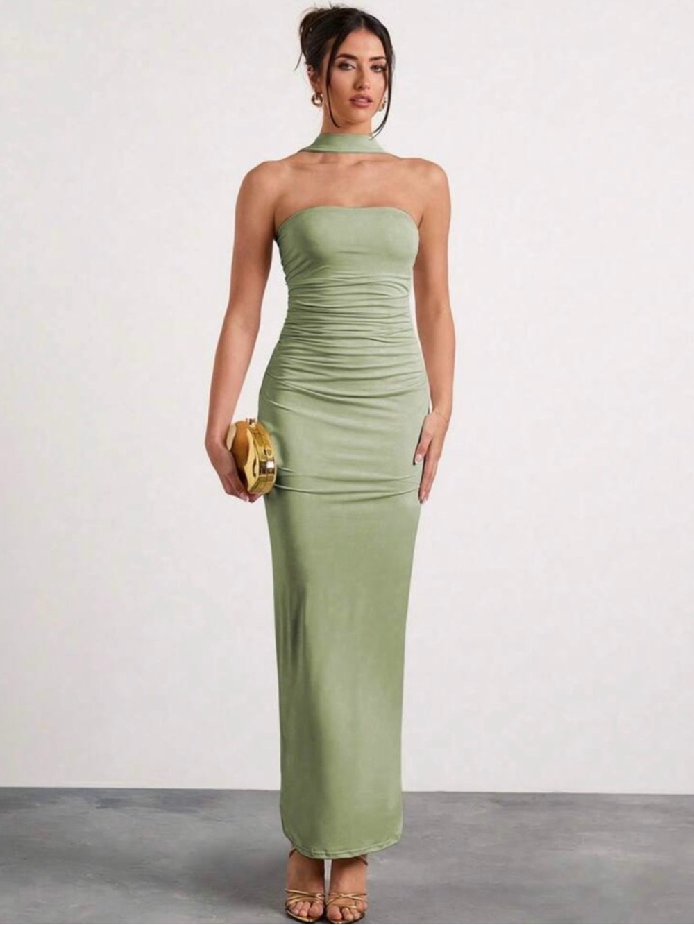 Strapless Sage Green Maxi Dress with Neck Wrap
